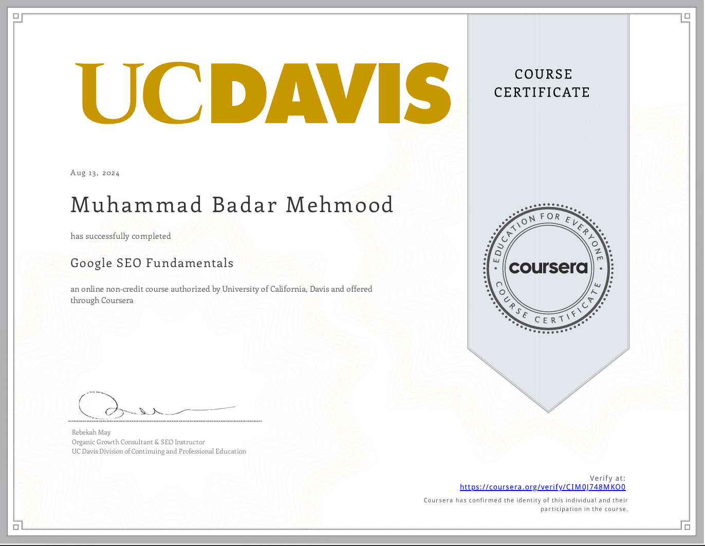 Google SEO Fundamentls Certificate- University of California, Davis