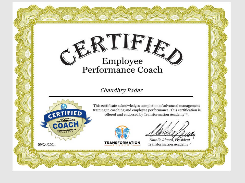 Employee Performance Coach Certificate of Chaudhry Badar