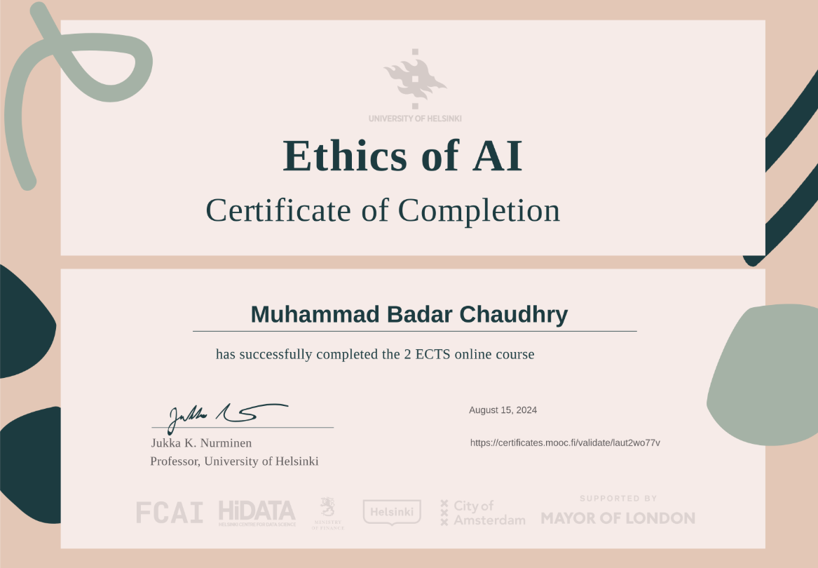 Ethics of AI Course Completion - Univeristy of Helsinki