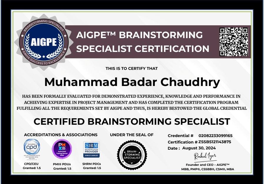 Certified Accredited AIGPE Certificate of Muhammad Badar Chaudhry
